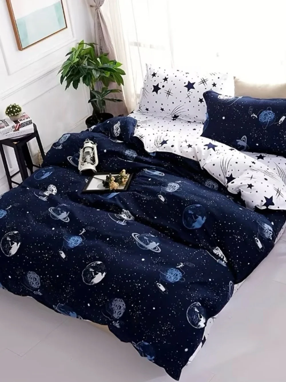 Twin Size Navy Blue & White Space Astronaut Duvet Cover Set 2 Pillowcases NEW